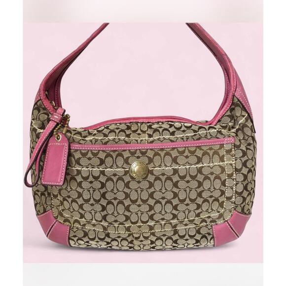 COACH 10772 Hand Bag Shoulder Bag Pink Signature Brown Canvas Leather HOBO Y2K - Picture 1 of 5